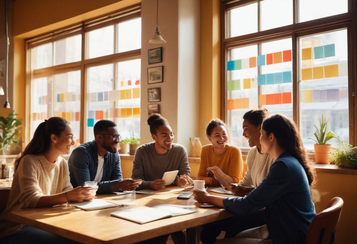 A vibrant scene depicting a diverse group of individuals joyfully engaging with digital devices, sharing research findings in a cozy café setting. The background features colorful charts and graphs floating in the air, symbolizing accessible research. Sunlight streams through large windows, creating an inviting atmosphere filled with inspiration. The characters express enthusiasm and camaraderie, emphasizing collaboration and the joy of discovery. super-realistic. vibrant colors. warm lighting.