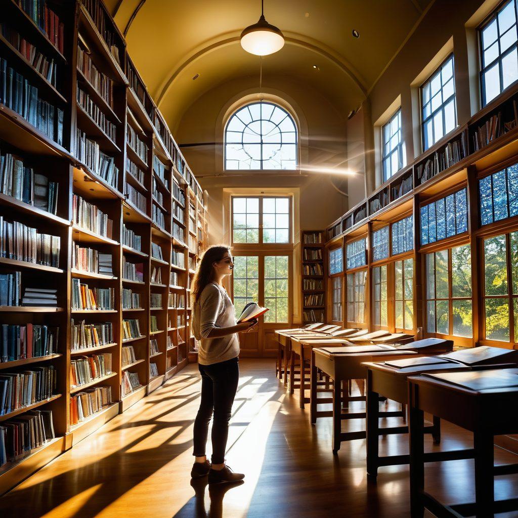 A joyful academic researcher stands in a lush, open library filled with colorful books and digital screens showcasing open access resources. Sunlight streams through large windows, casting an inviting glow on the vibrant atmosphere. Scholars of diverse backgrounds collaborate, surrounded by symbols of knowledge and discovery like floating books and swirling data. A sense of freedom and innovation permeates the scene. vector art. vibrant colors. bright, inviting atmosphere.