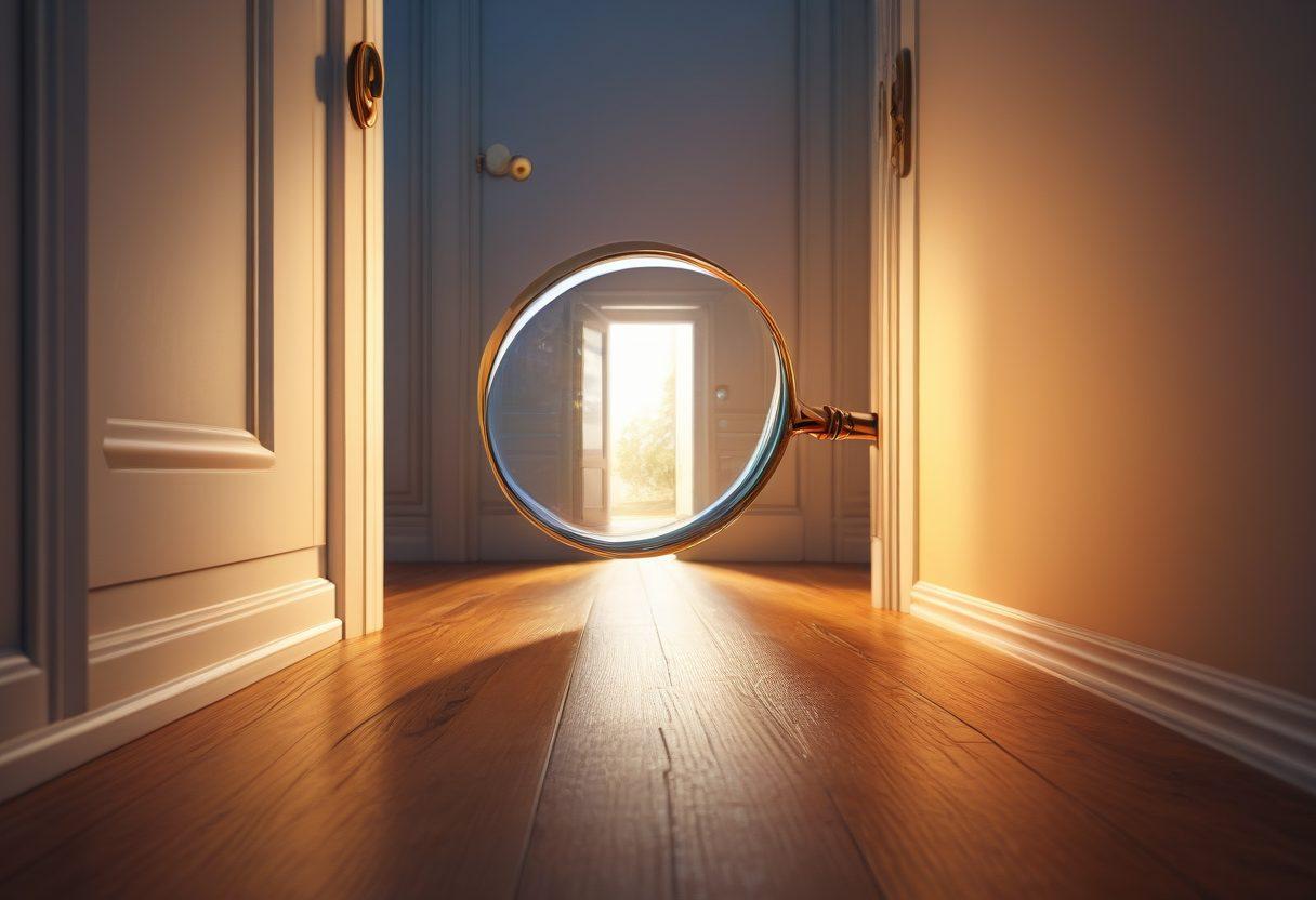 An open door with bright light spilling out, symbolizing accessibility and opportunity, surrounded by diverse people engaged in thoughtful discussions. Include a backdrop of a stylized magnifying glass overlay to represent investigation and inquiry, turning into interconnected lines to show connections. Vibrant colors. super-realistic.
